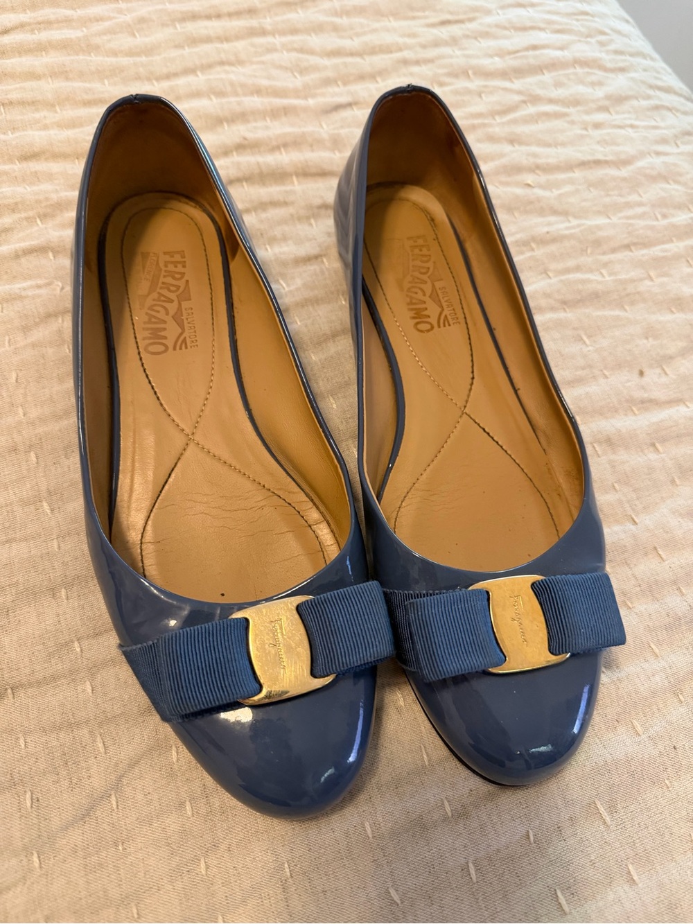 Salvatore Ferragamo Blue Patent Vara Bow Flats